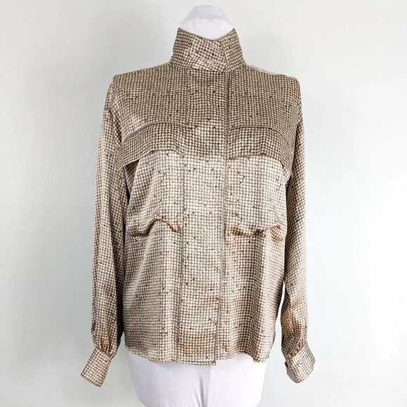 Vintage Linda Allard Ellen Tracy Silk Blouse Top Shirt Button Long Brown 90s 8 - Picture 2 of 14